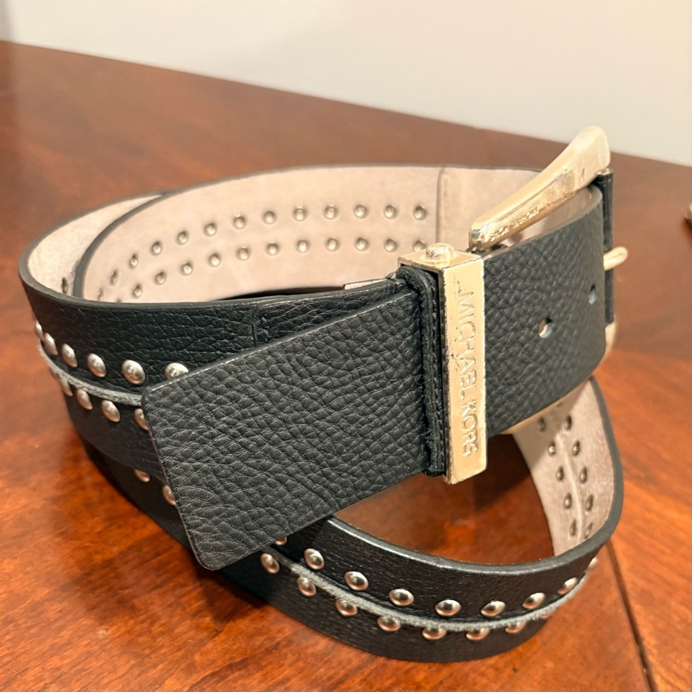 Michael Kors Studded Black Leather Belt XL | Silver Hardware | Chic Edge